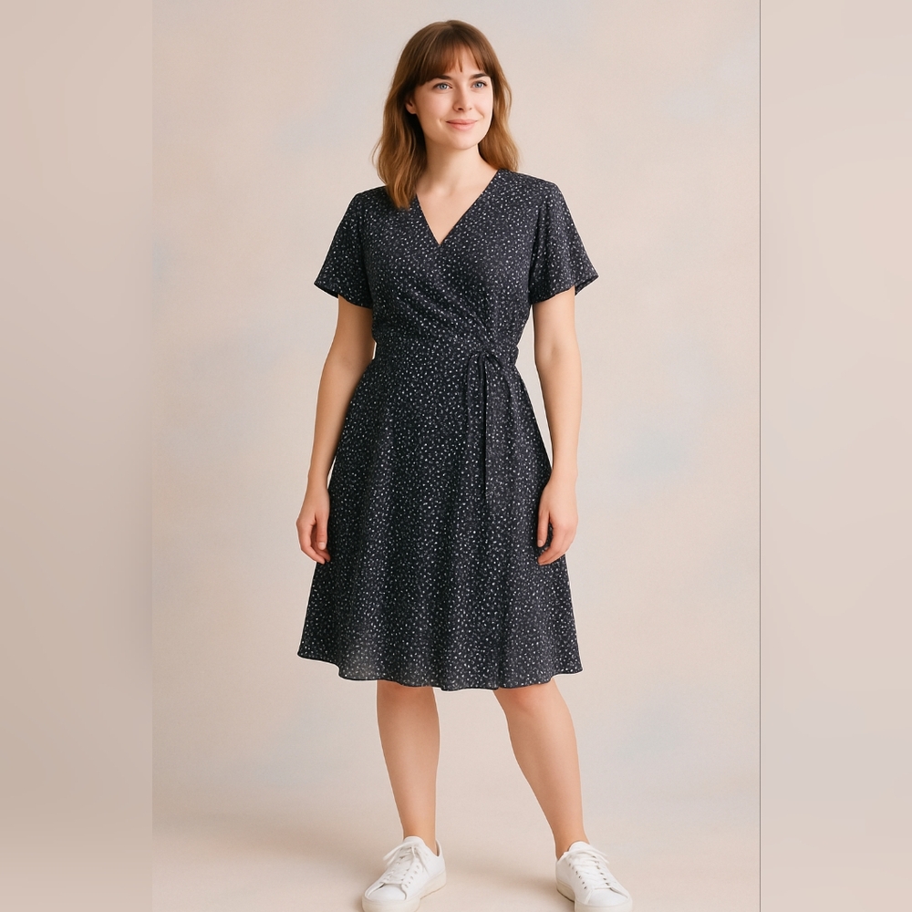 🇨🇦 MARIGOLD Black and White Faux Wrap Flutter Sleeve Midi D